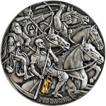 Republic of Cameroon FOUR HORSEMEN OF THE APOCALYPSE 3000 Francs Silver Coin 2019 Antique finish Ultra High Relief Gold plated 3 oz